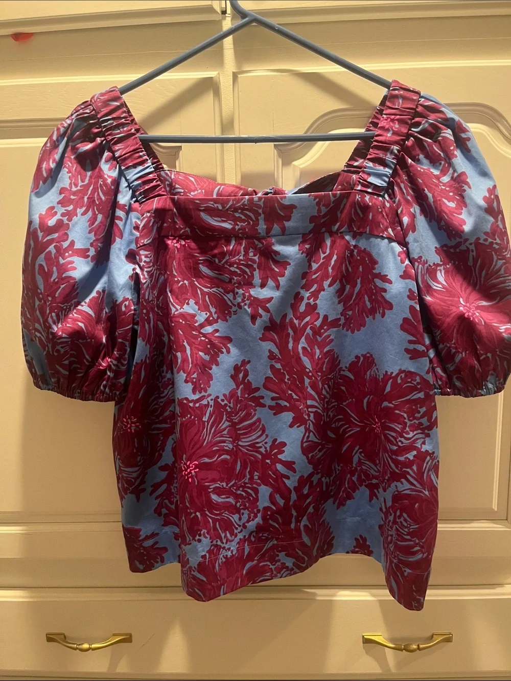 Lilly Pulitzer Torrey Puff Sleeve Square Neck Blouse Abaco Blue Coral Size 8 NWT
